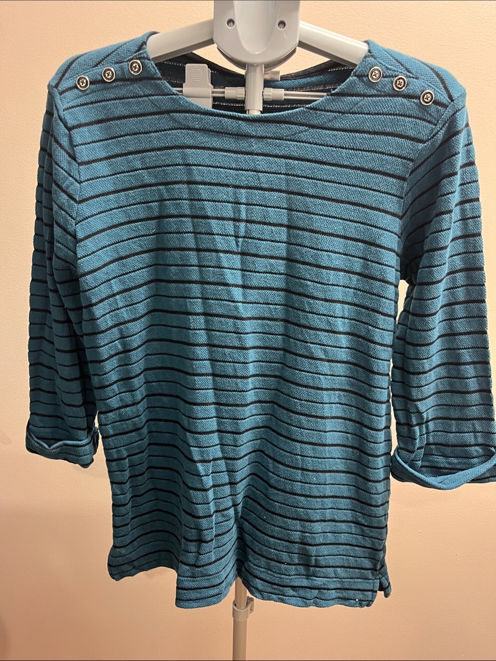 croft & barrow Teal Striped Button-Shoulder Long Sleeve Tee